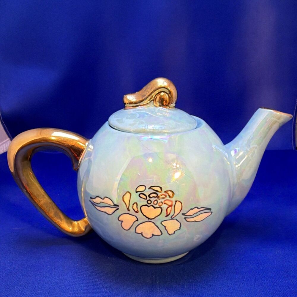 Vintage Pearl Luster Teapot Artist Signed "BY Freda" 22KT Gold Blue Iridescent